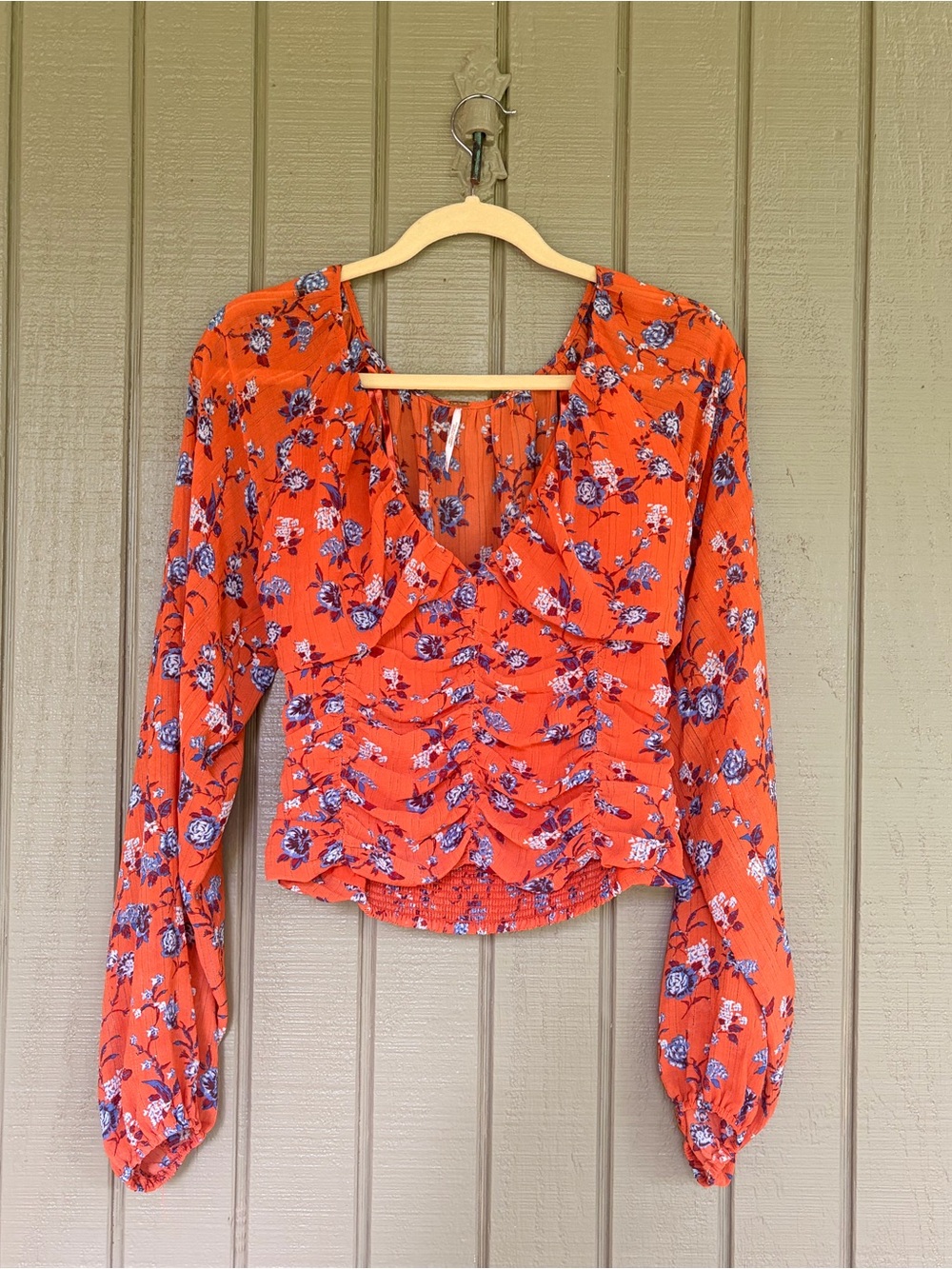 Free People Final Rose Blouse Rust Combo Floral Ruched Top Medium EUC